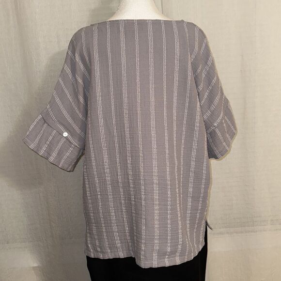 peck&peck XL Crinkle Pearl Gray White Striped Cotton Short Sleeve Top - Picture 2 of 9
